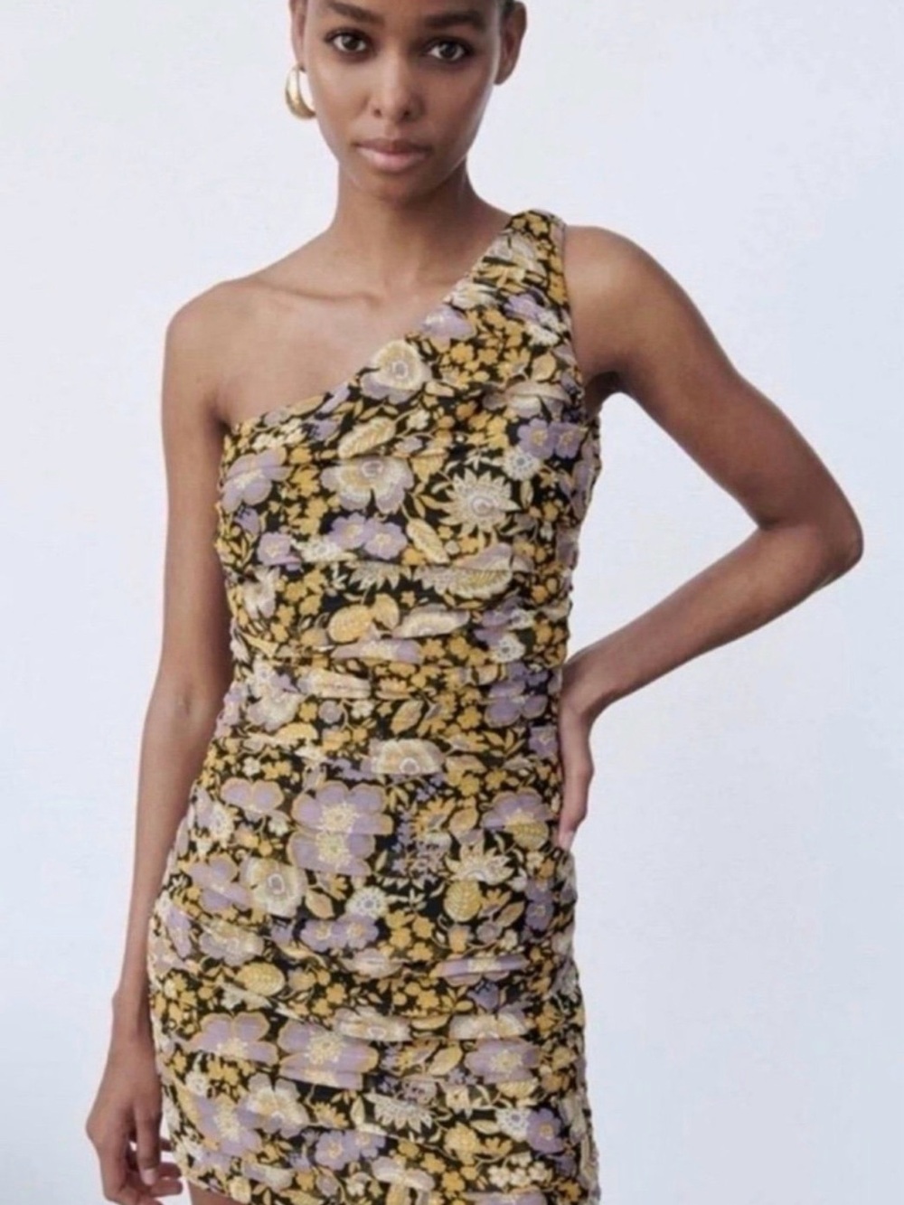 ZARA One Shoulder Metallic Floral Ruched Mini Dress